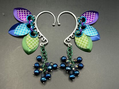 Mermaid Scales - Set of 2 Scalemaille Ear Cuffs with Anodized Aluminum Laser Engraved Scales and Glass Beaded Detail