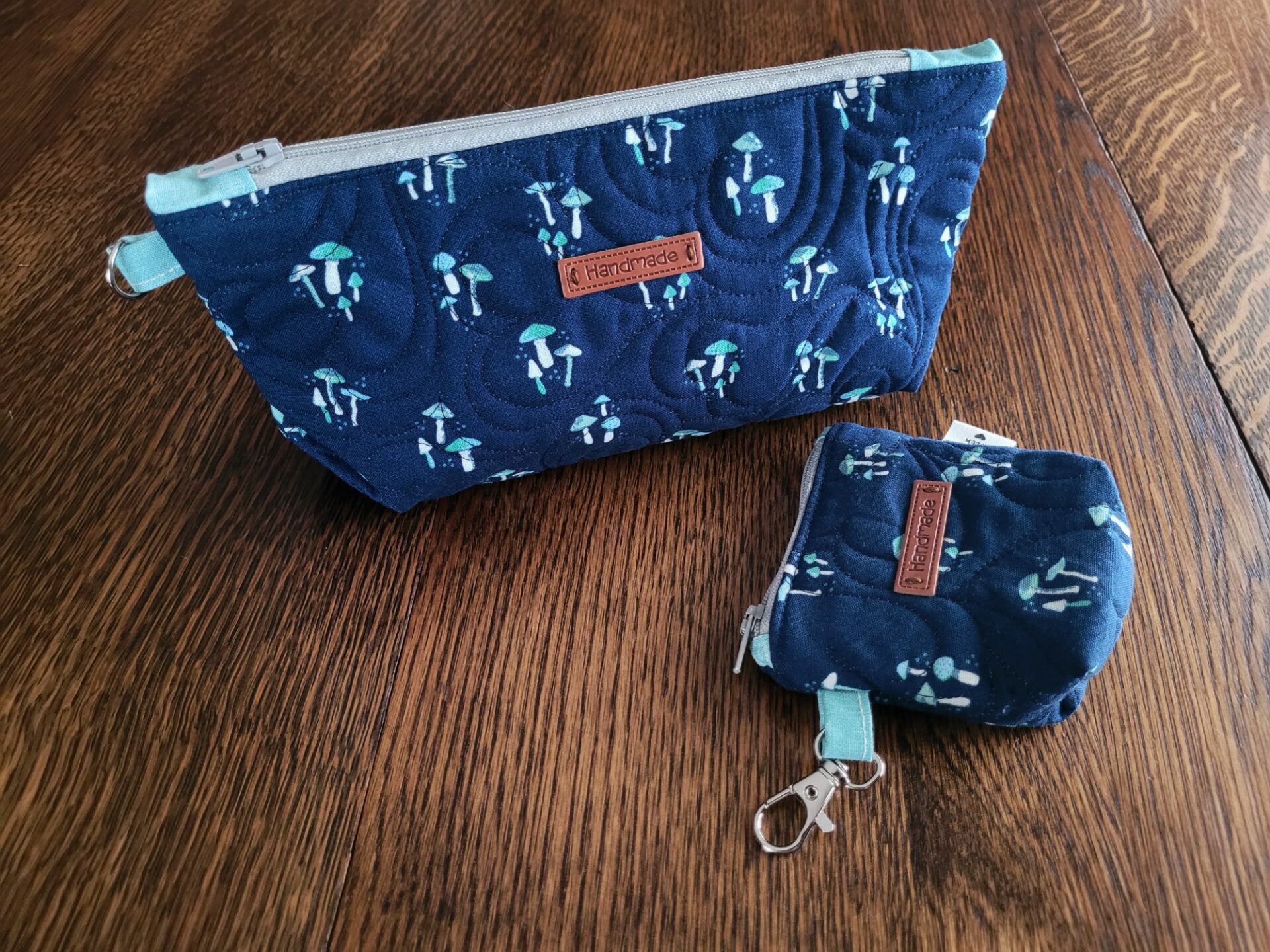 Quilted zipper pouch set with mushrooms