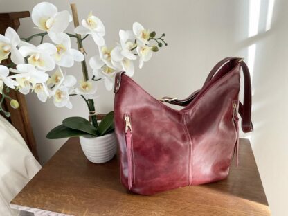 Burgandy, deep red, pull up leather and crazy horse fuchsia leather, shoulder and crossbody hobo bag - Image 4