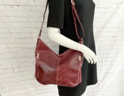 Burgandy, deep red, pull up leather and crazy horse fuchsia leather, shoulder and crossbody hobo bag - Image 2