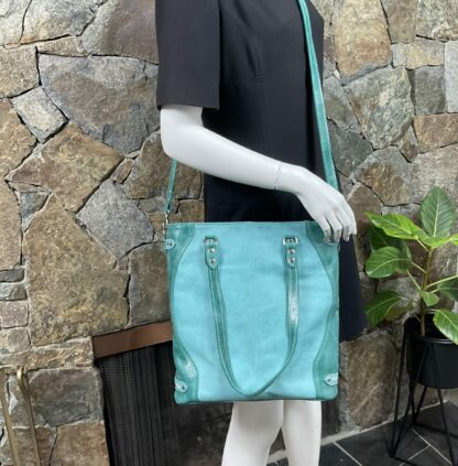 Medium teal and aqua or turquoise full grain leather handmade tote bag for women - Image 5