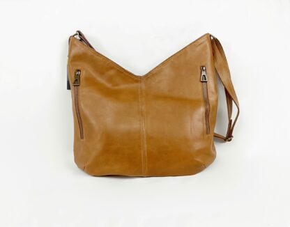 Handmade in Canada, tan full grain leather, shoulder or crossbody hobo bag for women.